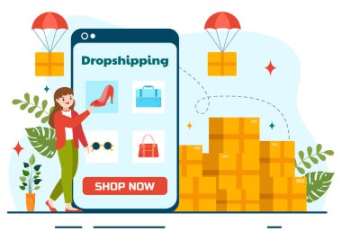 Dropshipping Business Vector Illustration with Businessman Open E-commerce Website Store and Let Supplier Ship Product in Flat Cartoon Background clipart