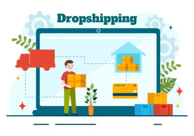 İş Adamı Açık E-ticaret Web Sitesi Mağazası ve Tedarikçi Gemi Ürünlerinin Düz Çizgi Film Arkaplanında Bırakılmasına izin Verilen İş Vektörü Resimleri