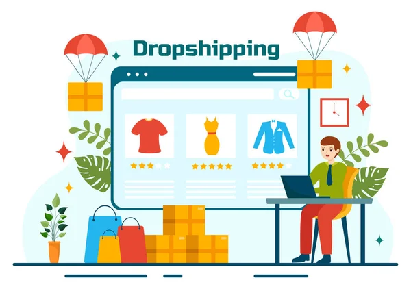 stock vector Dropshipping Business Vector Illustration with Businessman Open E-commerce Website Store and Let Supplier Ship Product in Flat Cartoon Background