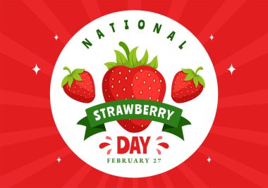 Ulusal Çilek Günü Vektör İllüstrasyonu 27 Şubat 'ta Yassı Çizgi Film Arkaplan Tasarımı' nda Tatlı Kırmızı Meyve Kutlaması