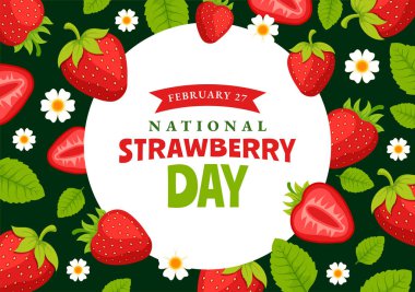 Ulusal Çilek Günü Vektör İllüstrasyonu 27 Şubat 'ta Yassı Çizgi Film Arkaplan Tasarımı' nda Tatlı Kırmızı Meyve Kutlaması