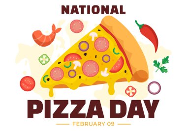 9 Şubat 'ta National Pizza Day Vector Illustration' da her bir Poster veya Afiş İçin Çeşitli Toppings in Flat Arkaplan Tasarımı