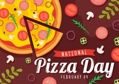 9 Şubat 'ta National Pizza Day Vector Illustration' da her bir Poster veya Afiş İçin Çeşitli Toppings in Flat Arkaplan Tasarımı