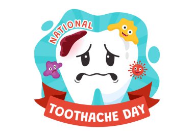 Ulusal Diş Ağrısı Günü Vektör İlüstrasyonu 9 Şubat 'ta, Düz Arkaplanda Mikrop ve Bakterilerin Ağrısına Yol Açmamak İçin Diş Hekimliği