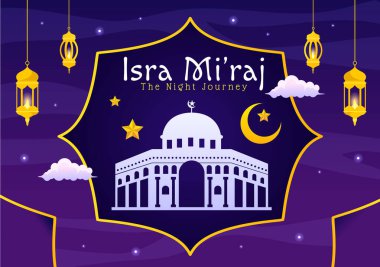 Isra Mi 'raj Vektör İllüstrasyonu. Çeviri: Gece Yolculuğu Peygamber Muhammed. Cami ve Fener İslami Tatil Düz Çizgi Filmi Arkaplanında