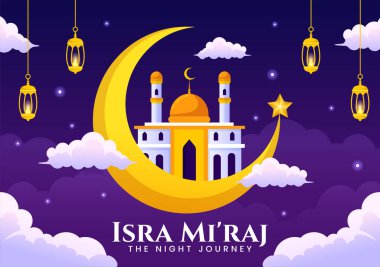 Isra Mi 'raj Vektör İllüstrasyonu. Çeviri: Gece Yolculuğu Peygamber Muhammed. Cami ve Fener İslami Tatil Düz Çizgi Filmi Arkaplanında