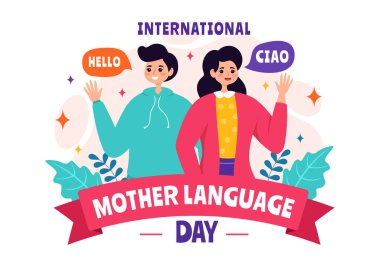 Uluslararası Ana Dil Günü Vektör İllüstrasyonu 21 Şubat 'ta Anne Yassı Çocuk Çizgi Filmlerinde Birkaç Dünya Dilinde Merhaba Der