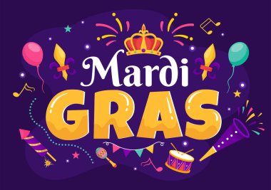 Mardi Gras Karnaval Vektörü İllüstrasyonu. Çeviri, Şişman Salı 'nın Fransızcası. Maskeli, Maracas, Gitar ve Tüylü Mor Arkaplan Festivali