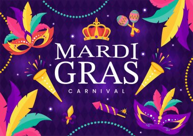 Mardi Gras Karnaval Vektörü İllüstrasyonu. Çeviri, Şişman Salı 'nın Fransızcası. Maskeli, Maracas, Gitar ve Tüylü Mor Arkaplan Festivali