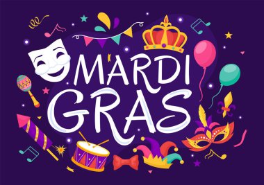Mardi Gras Karnaval Vektörü İllüstrasyonu. Çeviri, Şişman Salı 'nın Fransızcası. Maskeli, Maracas, Gitar ve Tüylü Mor Arkaplan Festivali