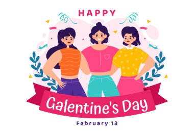 Mutlu Galentine Günü Vektör İllüstrasyonları 13 Şubat 'ta Düz Çizgi Film Arkaplan Tasarımı' nda Özgürlüklerini Kutlayan Kadın Dostluğu