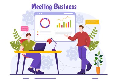 Düz Çizgi Film Arkaplanındaki Proje Stratejisinde İşadamı ve Çalışanlarla İş Buluşma Resimleri Konferansı