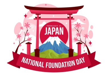 Mutlu Japonya Ulusal Vakfı 11 Şubat 'ta Düztabanlı Çocuk Çizgi Filmi Arkaplanındaki Ünlü Japon Simgeleri ve Bayrağı ile Vektör İlülasyonu