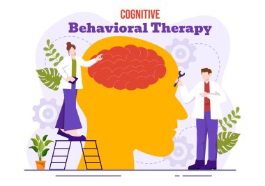 CBT veya Bilişsel Davranış Terapisi Vektör İllüstrasyonuyla Kişinin Zihinsel Sağlık Arkaplanındaki Sorunlarını, Depresyonlarını veya Zihnini Yönetmesi