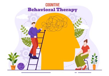 CBT veya Bilişsel Davranış Terapisi Vektör İllüstrasyonuyla Kişinin Zihinsel Sağlık Arkaplanındaki Sorunlarını, Depresyonlarını veya Zihnini Yönetmesi