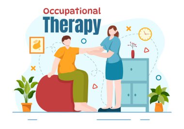 İş Terapisi Vektör İllüstrasyonu Kişinin Gelişimi ve Sağlık Hizmeti Rehabilitasyonunda Tedavi Oturumu