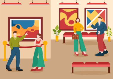 Sergi Ziyaretçileri, Düz Çizgi Film Arkaplan Vektör İllüstrasyonundaki Sergi Salonunda Modern Soyut Resimlerle Bir Galeriyi Görüyorlar