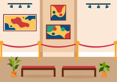 Exhibition Visitors Viewing a Gallery with Modern Abstract Painting at Contemporary in Exposition Hall in Flat Cartoon Background Vector Illustration clipart