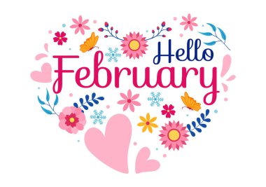 Hello February Month Vector Illustration with Flowers, Hearts, Leaves and Cute Lettering for Decoration Background in Flat Cartoon Templates clipart