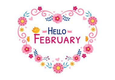 Merhaba Şubat Ayının Çiçekler, Kalpler, Yapraklar ve Düz Çizgi Film Şablonlarında Sevimli Harflerle Vektör İllüstrasyonu