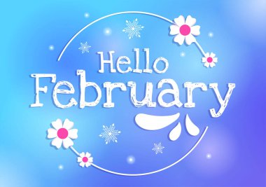 Merhaba Şubat Ayının Çiçekler, Kalpler, Yapraklar ve Düz Çizgi Film Şablonlarında Sevimli Harflerle Vektör İllüstrasyonu
