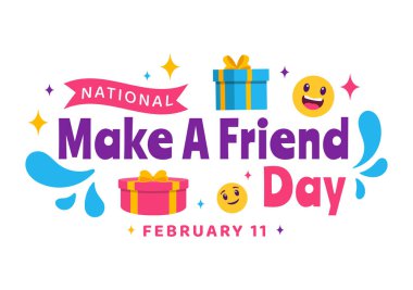 National Make a Friend Day Vector Illustration 11 Şubat 'ta Düz Çizgi Film Tasarımı' nda Birisiyle Tanışmak ve Yeni Bir Arkadaşlıkla Gözlemlendi