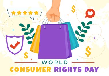 Dünya Tüketici Hakları Günü Vektör İllüstrasyonu 15 Mart 'ta Alışveriş Torbaları Düz Çizgi Film Arkaplanında Saygı ve Korunacak