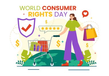 Dünya Tüketici Hakları Günü Vektör İllüstrasyonu 15 Mart 'ta Alışveriş Torbaları Düz Çizgi Film Arkaplanında Saygı ve Korunacak