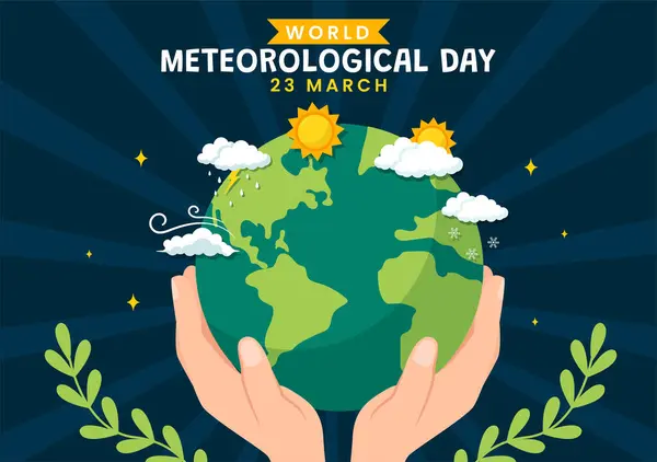 Dünya Meteoroloji Günü Vektör İllüstrasyonu 23 Mart 'ta Dünya Haritası, Meteoroloji Bilimi ve Düz Arkaplanda Araştırma Hava Durumu