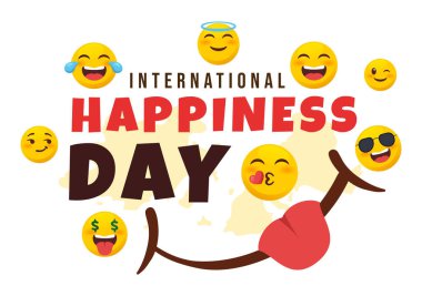 Dünya Mutluluk Günü Kutlama Vektörü İllüstrasyonu ile 20 Mart 'ta Gülen Yüz İfadesi ve Düz Çizgi Film Tasarımı' nda Sarı Arkaplan