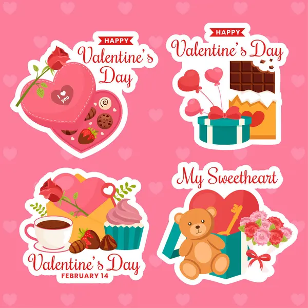 Happy Valentine Day Label Dessin Animé Plat Main Modèles Illustration — Image vectorielle
