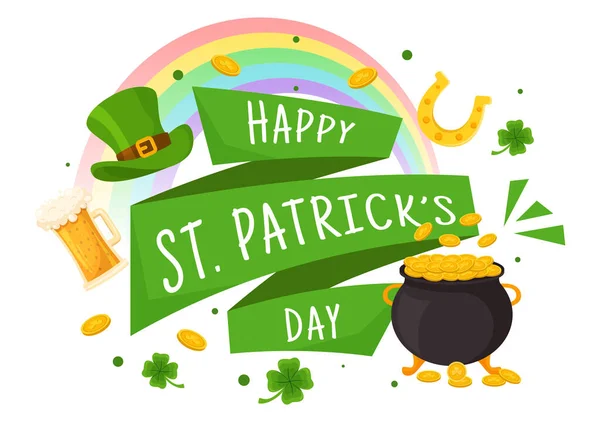 stock vector Happy St Patrick's Day Vector Illustration on 17 March with Golden Coins, Green Hat, Beer Pub and Shamrock in Flat Cartoon Background Design
