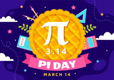 Matematiksel Sabitler, Yunan Harfleri veya Tatil Düz Çizgi Filmlerinde Pişmiş Tatlı Turta ile 14 Mart 'ta Pi Günü Vektör İllüstrasyonunuz kutlu olsun