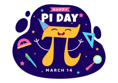 Matematiksel Sabitler, Yunan Harfleri veya Tatil Düz Çizgi Filmlerinde Pişmiş Tatlı Turta ile 14 Mart 'ta Pi Günü Vektör İllüstrasyonunuz kutlu olsun