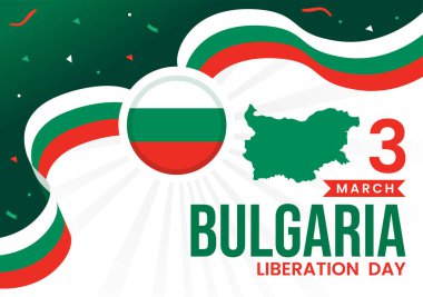 Bulgaristan Kurtuluş Günü Vektör Resimleri 3 Mart 'ta Bulgar Bayrağı ve Kurdelesiyle Ulusal Tatil Düz Çizgi Çizgi Çizim Tasarımı Tasarımı İçin Mutlu Yıllar