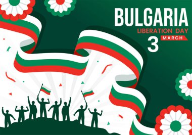 Bulgaristan Kurtuluş Günü Vektör Resimleri 3 Mart 'ta Bulgar Bayrağı ve Kurdelesiyle Ulusal Tatil Düz Çizgi Çizgi Çizim Tasarımı Tasarımı İçin Mutlu Yıllar