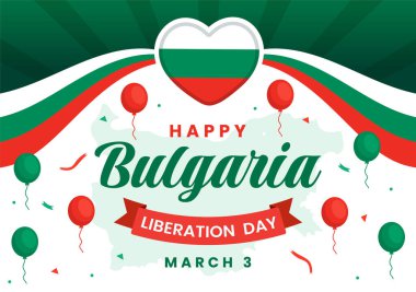 Bulgaristan Kurtuluş Günü Vektör Resimleri 3 Mart 'ta Bulgar Bayrağı ve Kurdelesiyle Ulusal Tatil Düz Çizgi Çizgi Çizim Tasarımı Tasarımı İçin Mutlu Yıllar