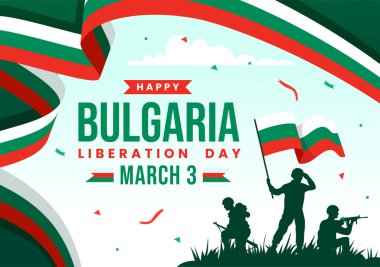 Bulgaristan Kurtuluş Günü Vektör Resimleri 3 Mart 'ta Bulgar Bayrağı ve Kurdelesiyle Ulusal Tatil Düz Çizgi Çizgi Çizim Tasarımı Tasarımı İçin Mutlu Yıllar
