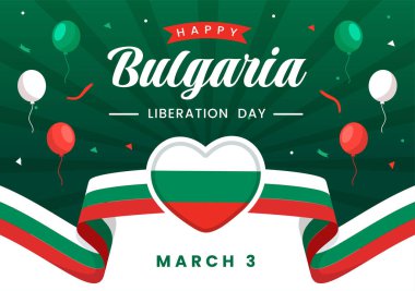 Bulgaristan Kurtuluş Günü Vektör Resimleri 3 Mart 'ta Bulgar Bayrağı ve Kurdelesiyle Ulusal Tatil Düz Çizgi Çizgi Çizim Tasarımı Tasarımı İçin Mutlu Yıllar