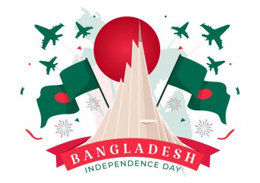 Mutlu Bangladeş Bağımsızlık Günü Vektör İllüstrasyonları 26 Mart 'ta Sallanan Bayrak ve Ulusal Eserle Düz Çizgi Film Arkaplanında