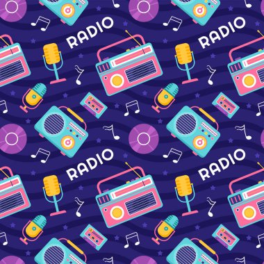 Plakçı ve Düz Çizgi Film Şablonunda Müzik Dinleyen Radyo Kusursuz Desenli Çizim Tasarımı