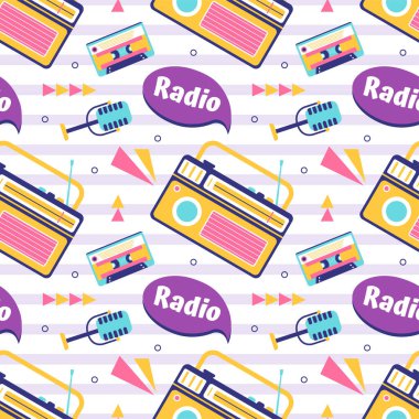 Plakçı ve Düz Çizgi Film Şablonunda Müzik Dinleyen Radyo Kusursuz Desenli Çizim Tasarımı