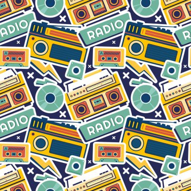 Plakçı ve Düz Çizgi Film Şablonunda Müzik Dinleyen Radyo Kusursuz Desenli Çizim Tasarımı