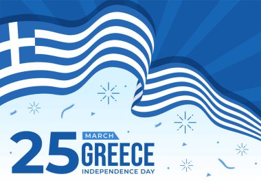 Yunanistan Bağımsızlık Günü Vektör Resimleri 25 Mart 'ta Ulusal Bayram Düz Arkaplan Tasarımı' nda Yunan Bayrağı ve Kurdelesiyle