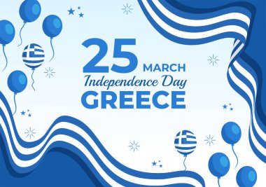 Yunanistan Bağımsızlık Günü Vektör Resimleri 25 Mart 'ta Ulusal Bayram Düz Arkaplan Tasarımı' nda Yunan Bayrağı ve Kurdelesiyle