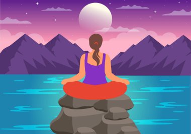 Yoga Nilüfer Duruşu Düz Arkaplan 'da Gözü Kapalı ve Çapraz Bacaklı Kişinin Farkındalık Meditasyon Vektörü İllüstrasyonu