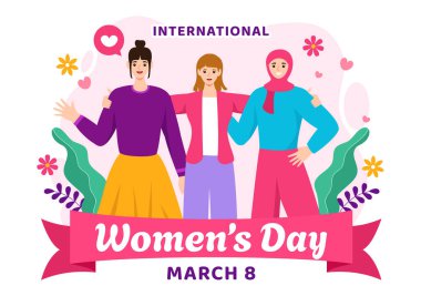Düz Çizgi Film Tasarımında Kadınların Başarı ve Özgürlüğünü Kutlamak amacıyla 8 Mart 'ta Uluslararası Kadınlar Günü Vektör İlülasyonu
