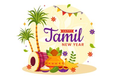 Mutlu Tamil Yeni Yıl Vekil Resimleri Vishu Çiçekleri, Hindistan Cevizi, Mum, Tencere ve Hint Hindu Festivali Düz Çizgi Film Arkaplan Tasarımı