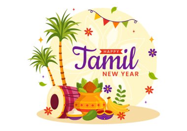 Happy Tamil New Year Vector Illustration with Vishu Flowers, Coconut, Candle, Pots and Indian Hindu Festival in Flat Cartoon Background Design clipart