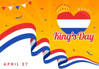 Mutlu Krallar Hollanda Günü Vektör İllüstrasyonu 27 Nisan 'da King Celebration Flags and Ribbon in King Celebration Flat Flat Arkaplan Tasarımı ile